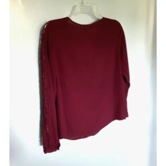 White House Black Market Sz 0 Maroon Long Sleeve Lace Insert Blouse - Picture 7 of 7